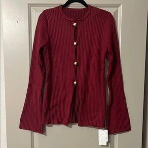 Commense Burgundy Ribbed Cardigan with Gold Buttons